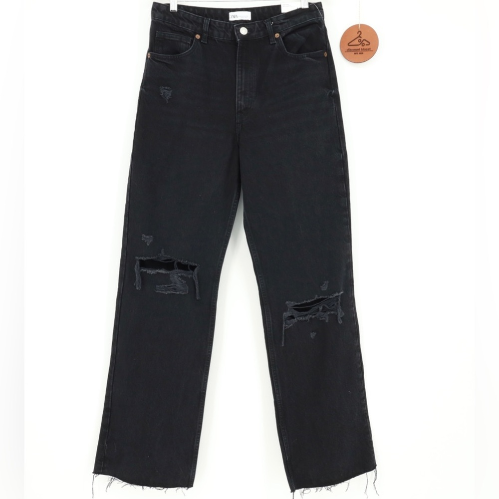 ZARAβ HIGH RISE FULL LENGTH RAW HEM WIDE LEG DISTRESSED JEANS